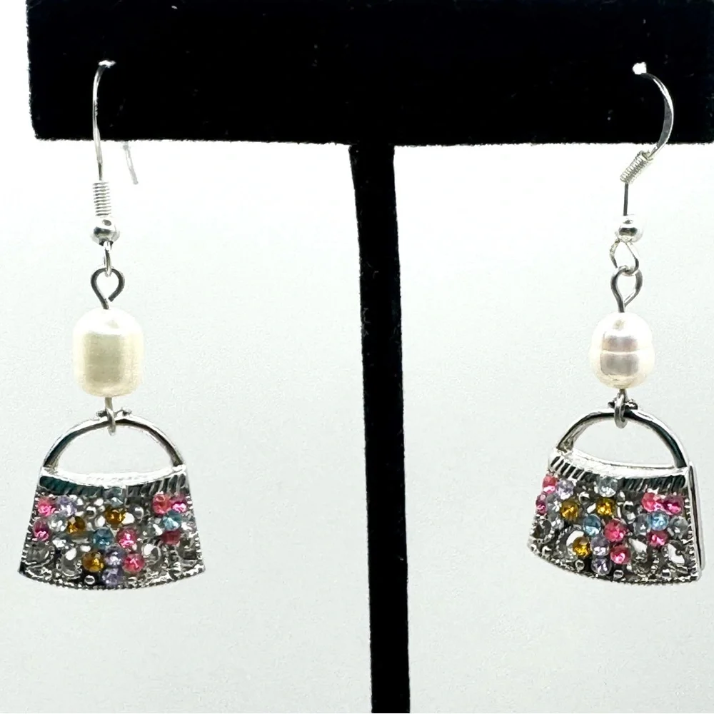 Silver Tone Purse Dangle Charm Earrings NEW